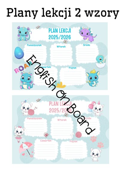 Plany lekcji na nowy rok szkolny - 2 wzory (kotki/dinozaury)