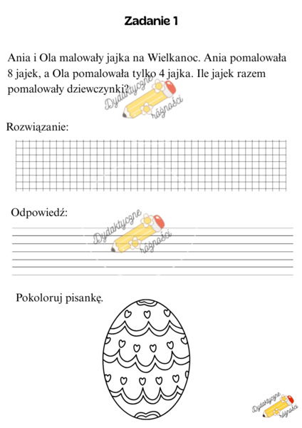 Klasa 1. Wielkanocne dodawanie do 20. Zadania z treścią.