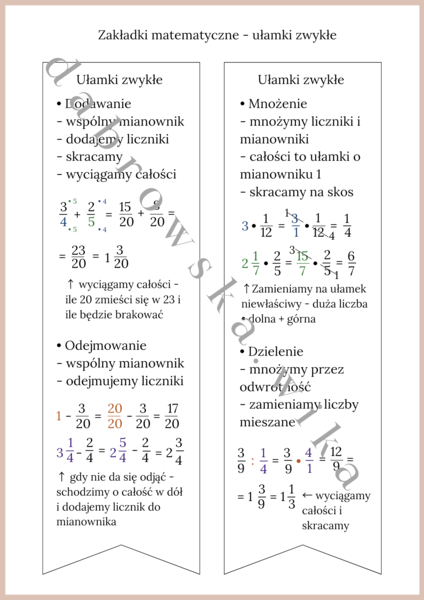 Zakładki matematyczne - ułamki zwykłe