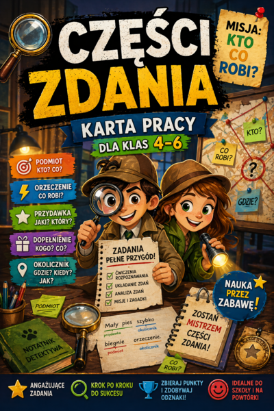 Części zdania – karta pracy kl. 4–6 | misja + ćwiczenia + klucz odpowiedzi
