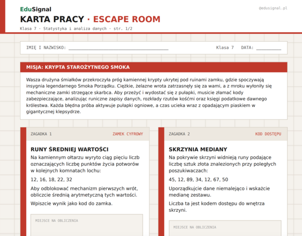Escape Room MATEMATYKA: Krypta Starożytnego Smoka | Statystyka klasa 7 | Średnia, mediana, dominanta | Koniec roku