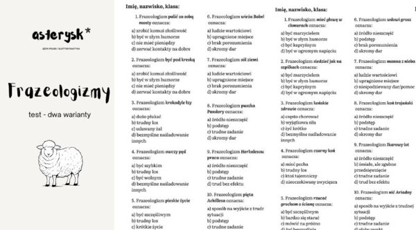 Frazeologizmy - kartkówka (test), dwa warianty