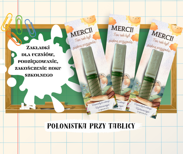 Zakładki dla uczniów z książkami, podziękowanie, zakończenie roku szkolnego, merci