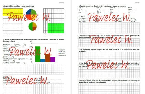 PROCENTY kl. 6 - karta pracy, sprawdzian - przykłady, zamiana, zadania tekstowe + odpowiedzi