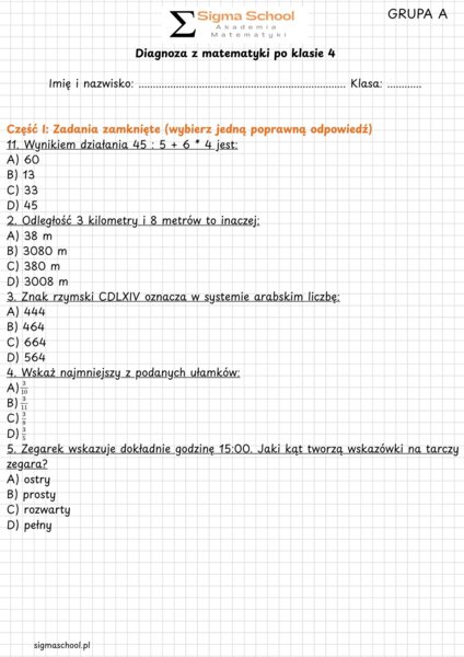 Diagnoza z matematyki po klasie 4 – Grupa A i B