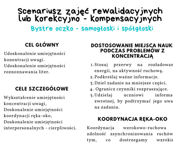 Scenariusz zajęć - bystre oczko. Rewalidacja lub zajęcia korekcyjno-kompensacyjne