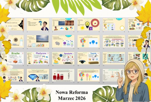 Prezentacja multimedialna w PowerPoint do edycji „Materia wokół nas” wykonana na podstawie podręcznika „Przyroda” Nowa Era. Przyroda 4. Dział „Obserwuję zjawiska przyrodnicze".