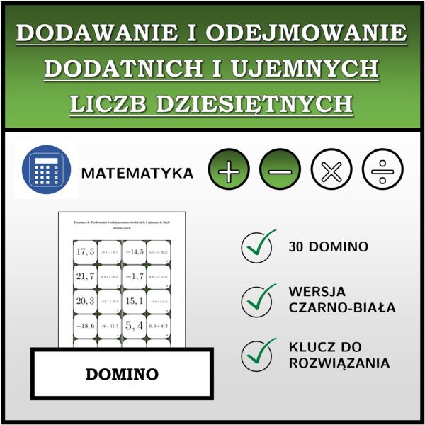Domino - Dodawanie i odejmowanie dodatnich i ujemnych liczb dziesiętnych | matematyka