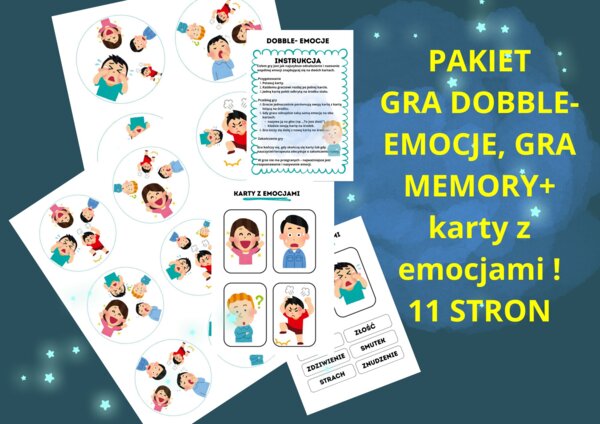 PAKIET EMOCJE: Gra Dobble- Emocje, Gra MEMORY-Emocje + karty z emocjami i podpisami 11 stron  TUS,TERAPIA, pedagog specjalny