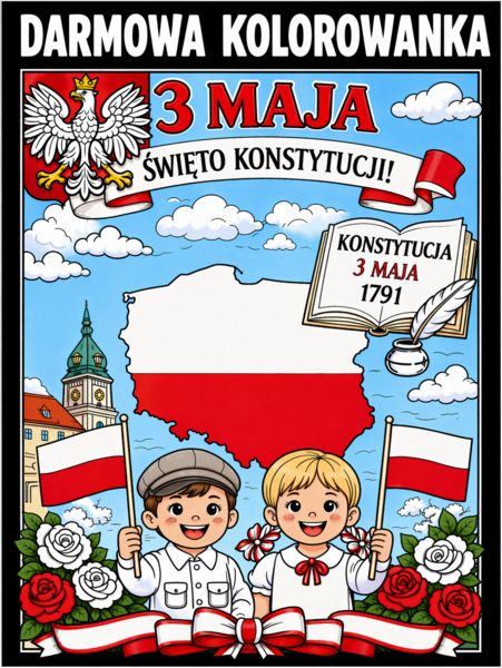 3 MAJA - darmowa kolorowanka A4; ŚWIĘTA MAJOWE; KONSTYTUCJA