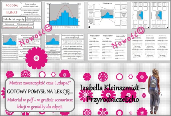 Pomysł na lekcję/karta pracy/stacje zadaniowe/notatki/ materiał do lekcji do tematu „Pogoda i klimat” w pdf. W gratisie niekomercyjny scenariusz lekcji/pomysł na lekcję w programie genial.ly do edycji. Geografia 5. Dział „Krajobrazy świata”.