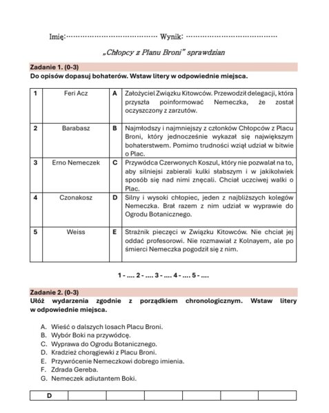 Zestaw lekturowy "Chłopcy z Placu Broni"