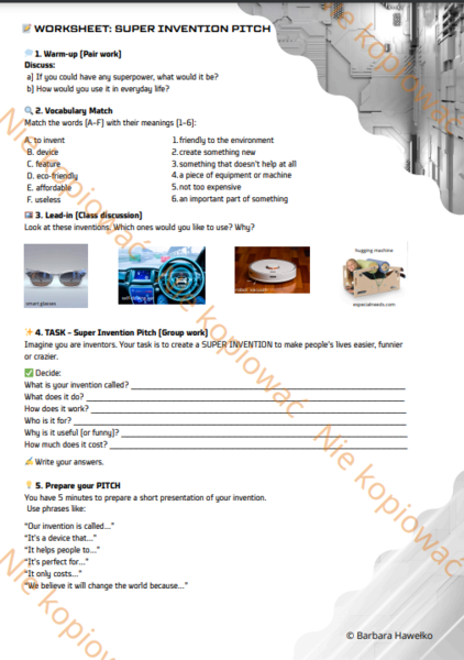 Karta Pracy Super invention pitch - will, might, could A2-B2