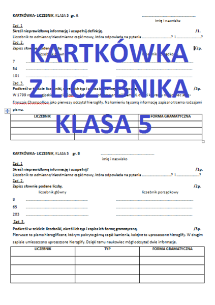 KARTKÓWKA LICZEBNIK KLASA 5 GWO