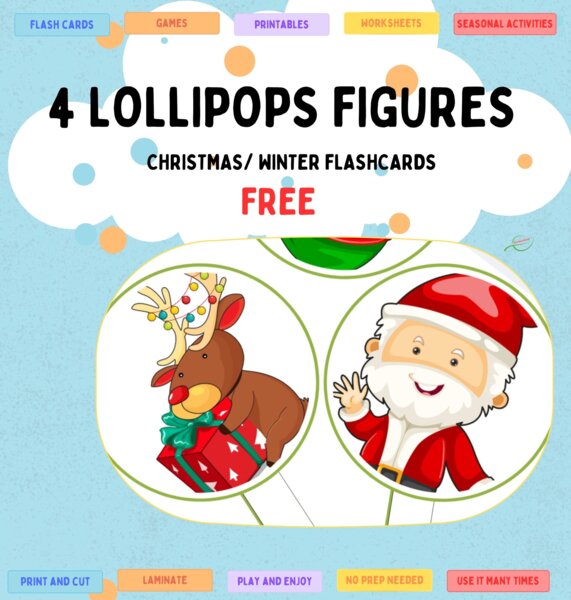 Christmas/ Santa flash cards in the shape of lollipops, Lizaki przedstawiąjące postacie świąteczne. Dobre dla SPE