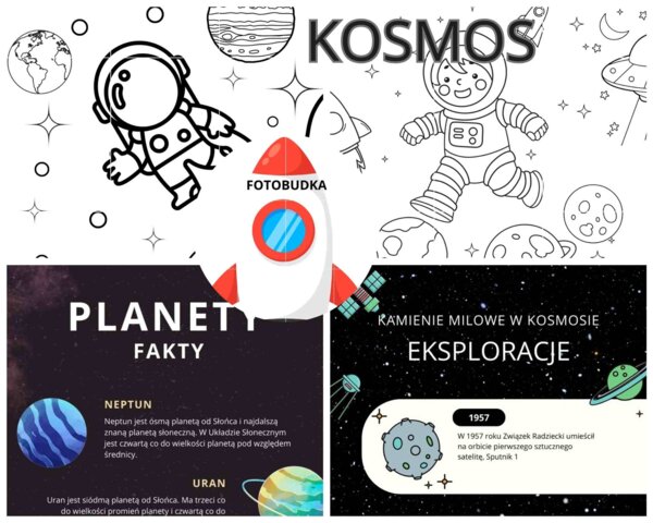 Dzień Kosmosu- 2 kolorowanki XXL (2x 9 a4), 4 infografiki dotyczące kosmosu, fotobudka