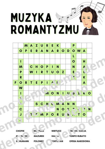 Muzyka, klasa 4-5. Muzyka romantyzmu. Karta pracy: wykreślanka.