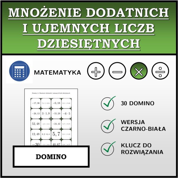 Domino - Mnożenie dodatnich i ujemnych liczb dziesiętnych | matematyka