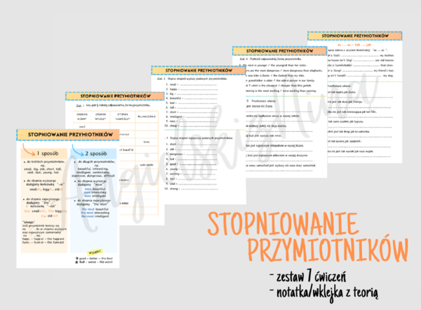 Stopniowanie przymiotników - zestaw 7 zadań - karta pracy - notatka - wklejka - egzamin ósmoklasisty - angielski