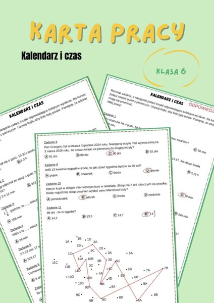 Karta pracy, połącz kropki, obliczenia zegarowe i kalendarzowe, klasa 6, kalendarz i czas