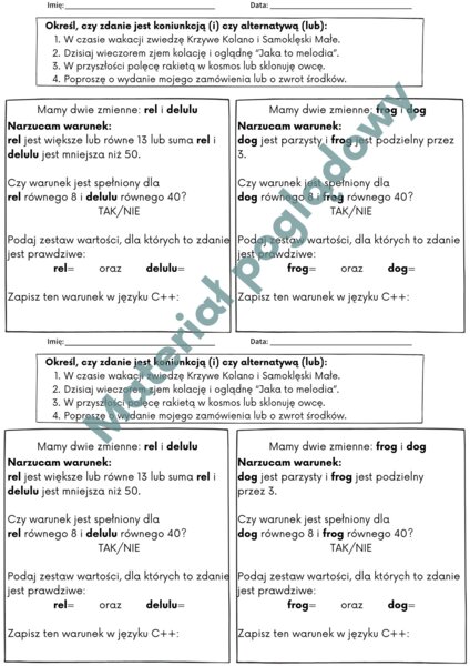 Operatory logiczne w języku C++ (karta pracy: koniunkcja i alternatywa)