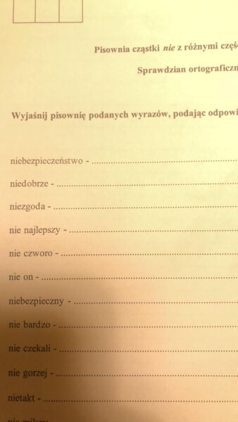 Pisownia cząstki "nie" z różnymi częściami mowy. Sprawdzian/karta pracy