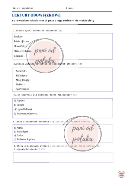Sprawdzian z lektur-egzamin ósmoklasisty
