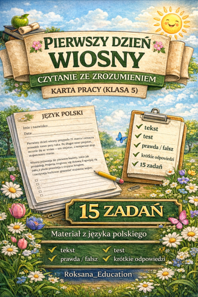 📚🌸 Pierwszy dzień wiosny – czytanie ze zrozumieniem (klasa 5) | karta pracy (15 zadań)