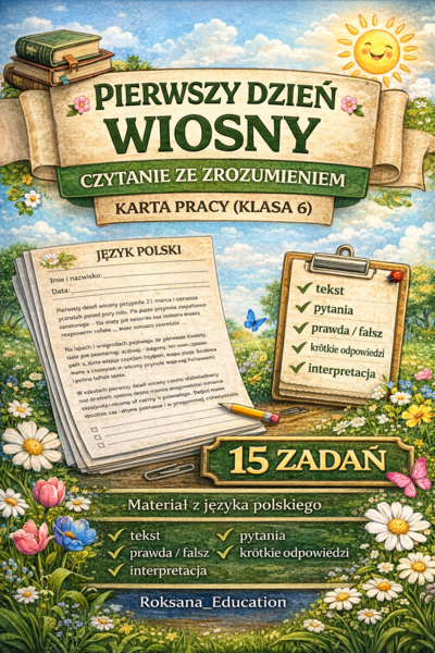 📚🌸 Pierwszy dzień wiosny – czytanie ze zrozumieniem (klasa 6) | karta pracy (15 zadań)