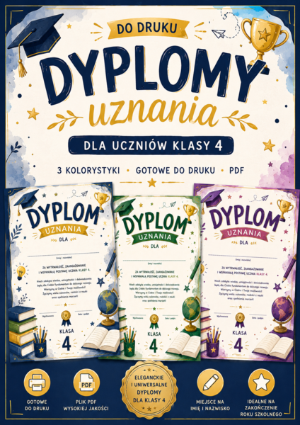 Dyplomy uznania dla uczniów klasy 4 – PDF do druku | 3 kolorystyki