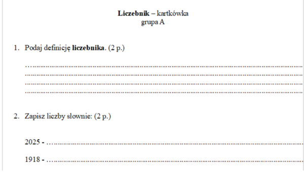 Liczebnik kartkówka klasa 4