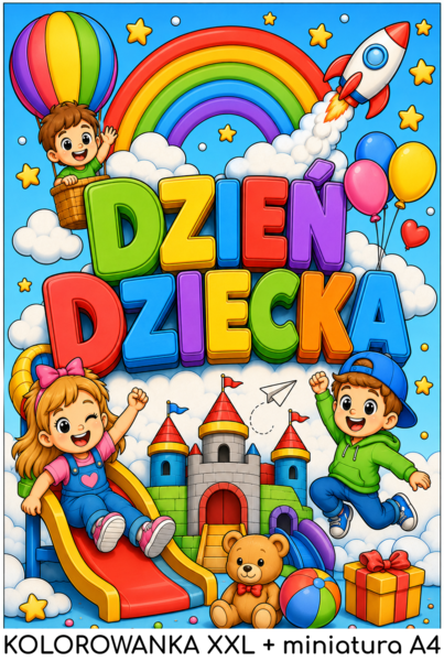 DZIEŃ DZIECKA - pakiet: kolorowanka XXL (4xA4) + miniatura A4; plakat, karta pracy, dekoracja, gazetka, lekcja wychowawcza