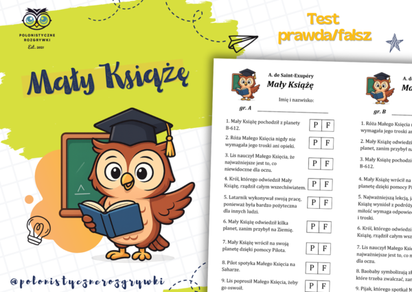 Mały Książę. Test prawda/fałsz. Kartkówka z treści lektury. Lektura obowiązkowa