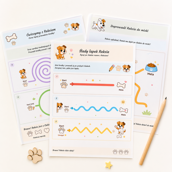 Ślady łapek Reksia – ćwiczenie grafomotoryczne