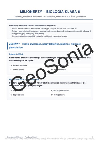 Milionerzy gra na koniec roku  klasa 6 biologia podsumowanie