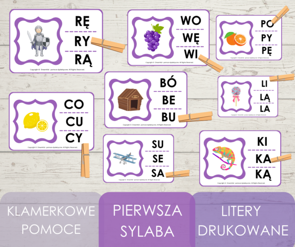 Klamerkowe pomoce - pierwsza sylaba (litery drukowane)