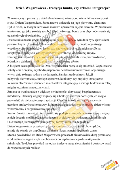 Dzień Wagarowicza  - tradycja buntu, czy szkolna integracja. Czytanie ze zrozumieniem kl. 6-8 (godzina wychowawcza).