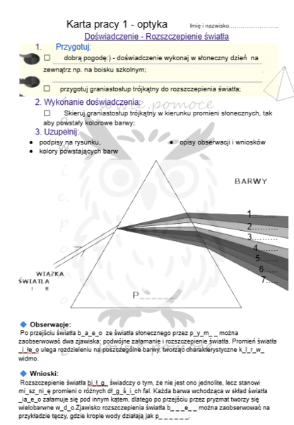 Doświadczenia z optyki -karty pracy