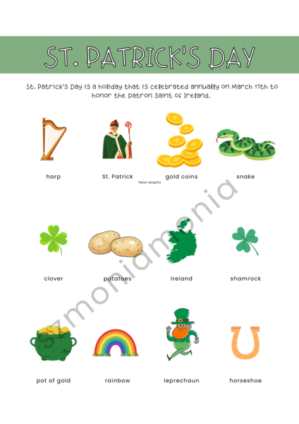 Saint Patrick's  Day -karta pracy czytanie ze zrozumieniem plus słowniczek obrazkowy