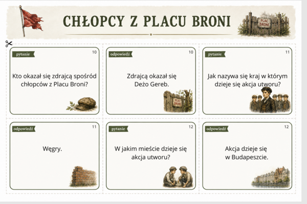 Chłopcy z Placu Broni  - fiszki edukacyjne + wykreślanki