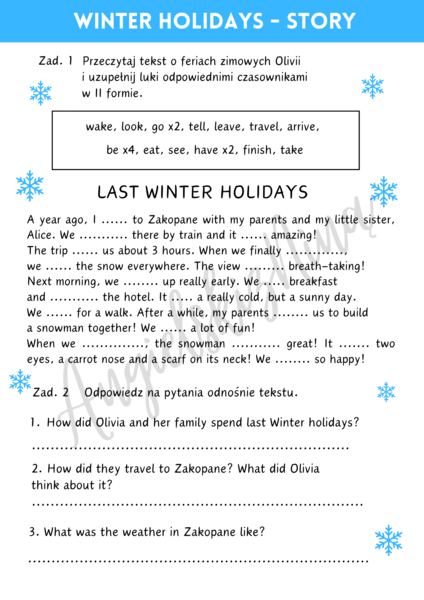 Past Simple - Winter holidays - story - czytanie ze zrozumieniem - czytanka - czasowniki nieregularne - egzamin ósmoklasisty E8 - matura
