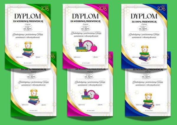 Dyplomy szkolne A4 – 100% frekwencji i wzorowa frekwencja | PDF do druku | 3 kolory