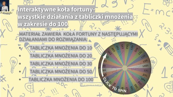 Interaktywne koła fortuny - cała tabliczka mnożenia do 100, w podziale na tabliczkę mnożenia do 10,20,30,50 oraz 100