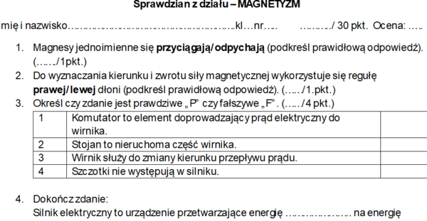 Sprawdzian - MAGNETYZM