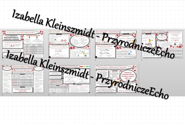 Zestaw sketchnotek – notatek do całego działu „Kwasy” wykonanych w power point do edycji. Chemia 7 lub 8