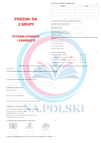 Balladyna - sprawdzian po omówieniu lektury