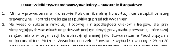 Powstanie listopadowe - czytanie ze zrozumieniem