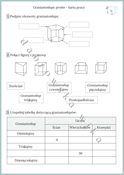 Graniastosłupy proste - karta pracy