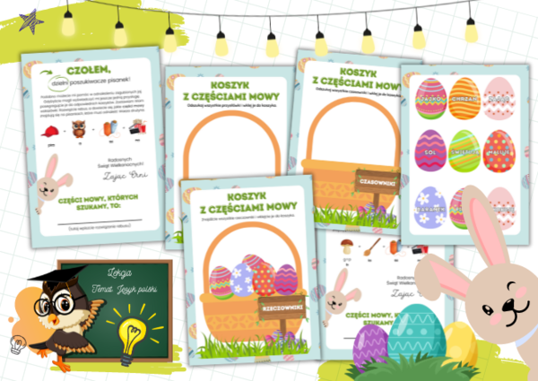 Dzielni poszukiwacze pisanek. Zabawa. Koszyk z częściami mowy. Wielkanoc. Części mowy
