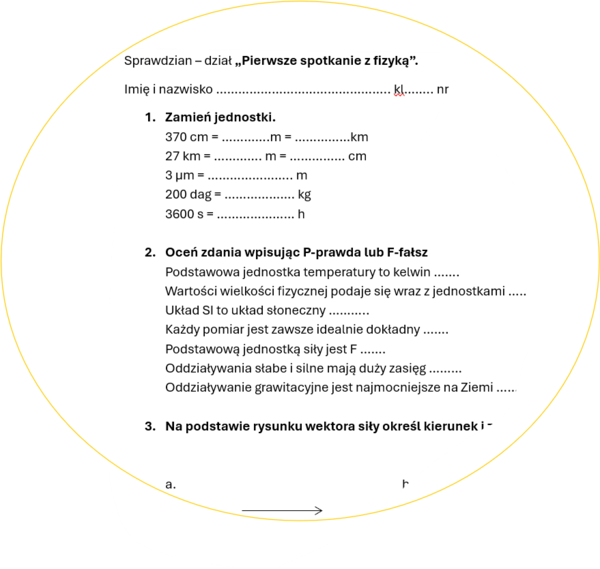 sprawdzian / karta powtórzenia "Pierwsze spotkanie z fizyką".